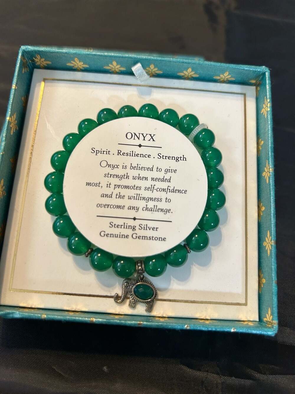 Shivam Green Onyx Bead Stretch Bracelet with Elephant Charm and Sterling Silver
